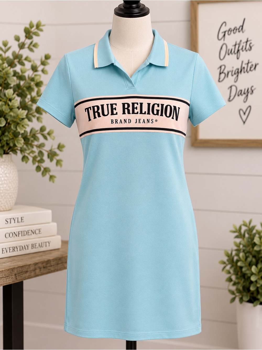 True Religion Women's Light Blue Polo Notched Dress NWT